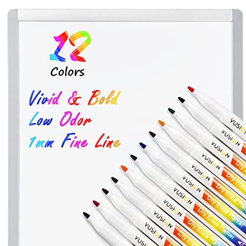 Vusign 12 Colors Dry Erase Markers, Fine Tip + White Board And Cork Board Combination, 17" X 23", Silver Aluminium Frame #TOP1