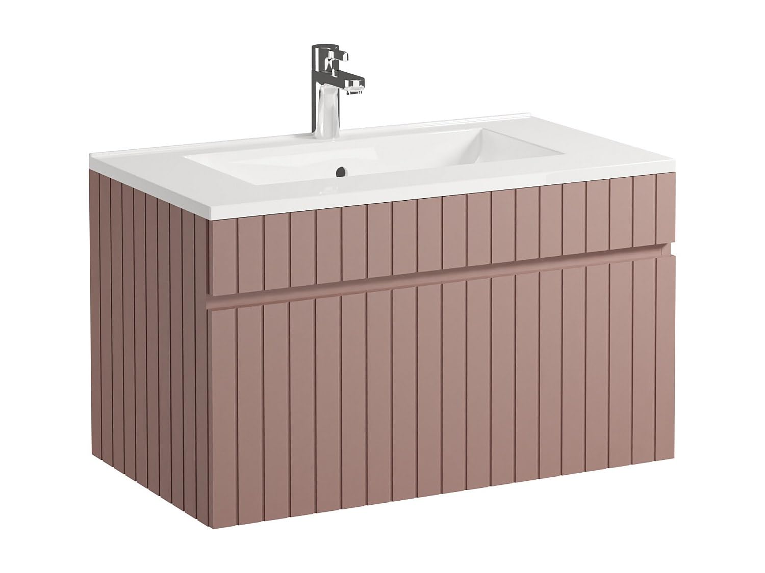 Vente-unique - Meuble de Salle de Bain Suspendu strié Rose avec Vasque à encastrer et Colonne - 80 cm - SATARA