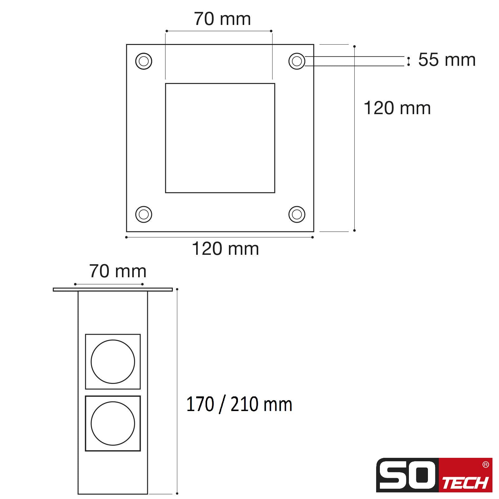 SOTECH Barkonsole gerade mit Steckdosen (70 x 70 mm, Höhe 170 mm, 30 Kg Tragkraft, Edelstahloptik) Konsole für Holzplatten oder Glasplatten