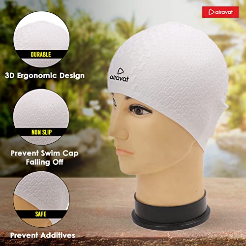 Image of Airavat Swim Bubble Cap, Silicone Swim Cap, Comfortable Bathing Cap Ideal for Curly Short Medium Long Hair, Swimming Cap for Women and Men (White)