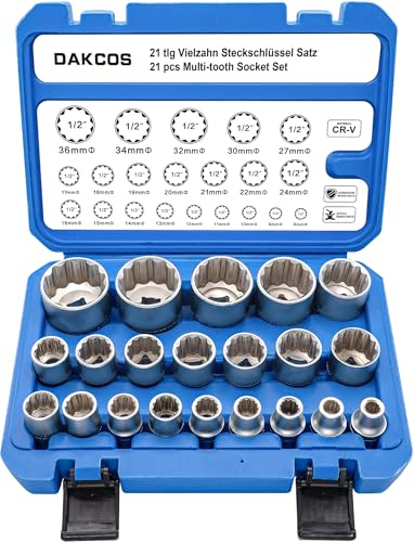 DAKCOS 21pc Coffret douilles 1/2”12 pans taille 8-36mm Douille multident extérieure en CR-V avec étui