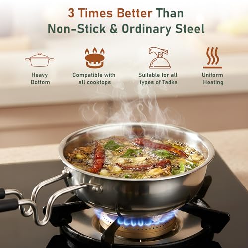 Image of Parage 1 Pc Triply Stainless Steel Tadka Pan 500ml with Heat Resistant Handle | Tripure | Small Deep Tempering Pan for Dal, Ghee & Curry | Durable Steel Tadka Pan for Indian Cooking (13 cm Diameter)
