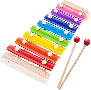 Retoo Cymbałki dla dzieci z 2 pałeczkami i 8 metalowymi kluczami w kolorze tęczy, drewniany instrument muzyczny dla dzieci od 3 lat, instrument do stukania dla małych dzieci i małych muzyków