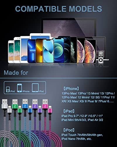 Image of Lightning Charger-6Ft, 5Pack USB A to Lightning Cable for iPhone 14 Pro Max 14Pro 14 13 13Pro 12 Max 12Pro 11 Mini 11Pro SE X XR XS 8 Plus 7 6 6s, Apple Certified Phone Charging iPad AirPods Cord Wire