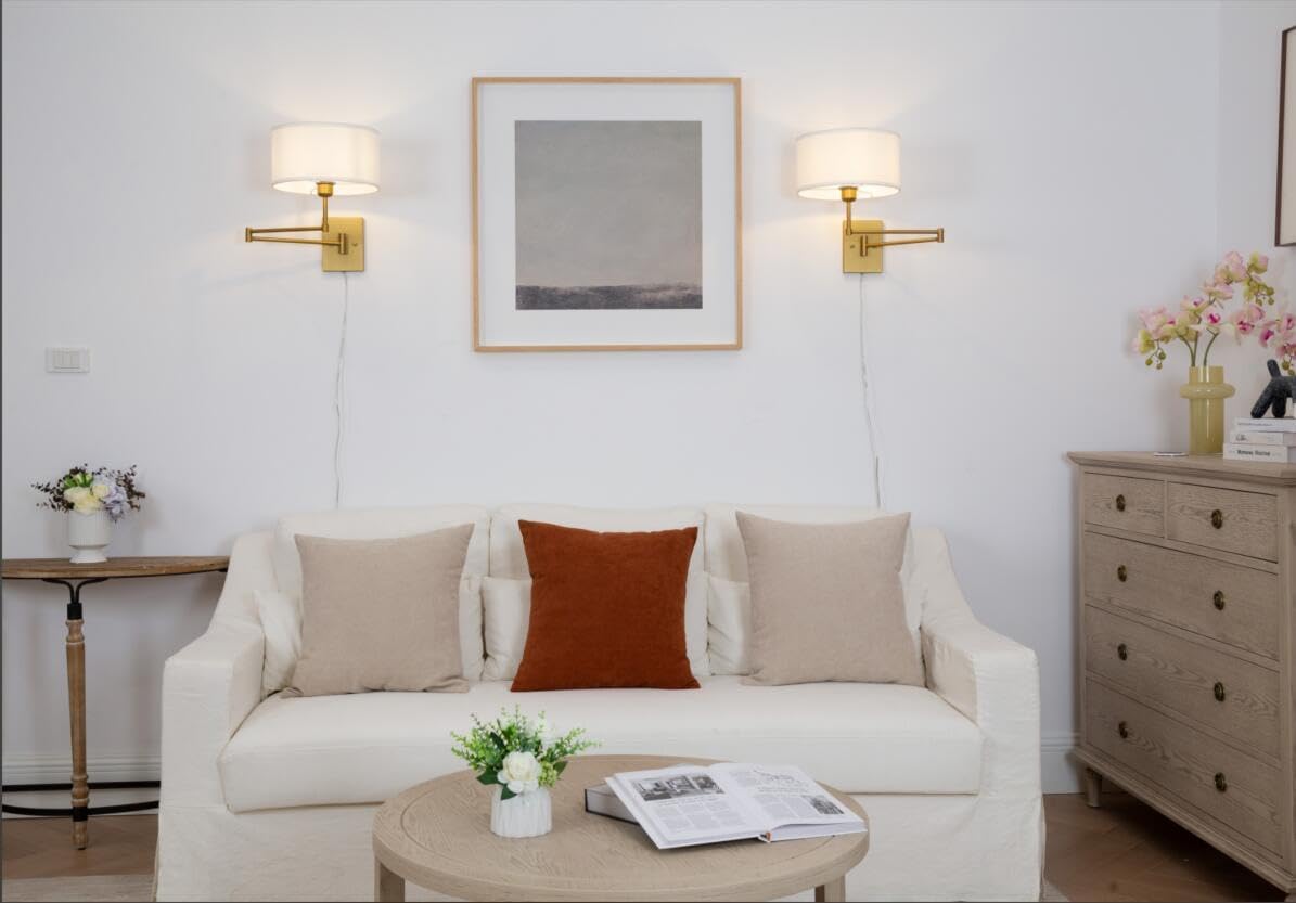 PERMO Plug in Wall Sconce Modern Swing Arm Sconces with Metal Arm and Huge Circle White Textile Cloth Lampshade Wall Mount Light for Living Room Bedroom Study Room