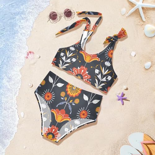 Girls' Bikini Set, Floral Traditional Folk Art Ornaments Kids Swimsuit 2 Pcs Beach Bathing Suit4