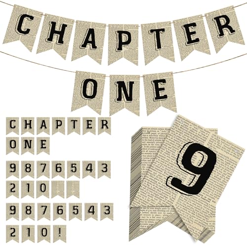 KARAQY Chapter One Birthday Decorations Vintage Book Chapter One Party Banner with Numbers for Birthday Baby Shower Book Club Graduation Party
