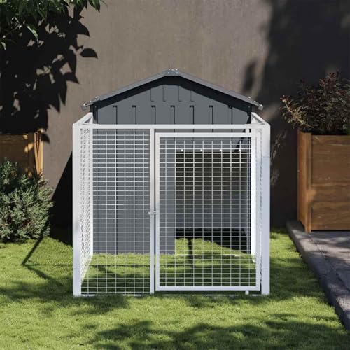 Gecheer Hundehütte mit Auslauf Anthrazit 117x201x123cm Verzinkter Stahl, Hundezwinger Outdoor-Hundekäfig Sicherer Hundeauslauf für Garten Terrasse Draußen
