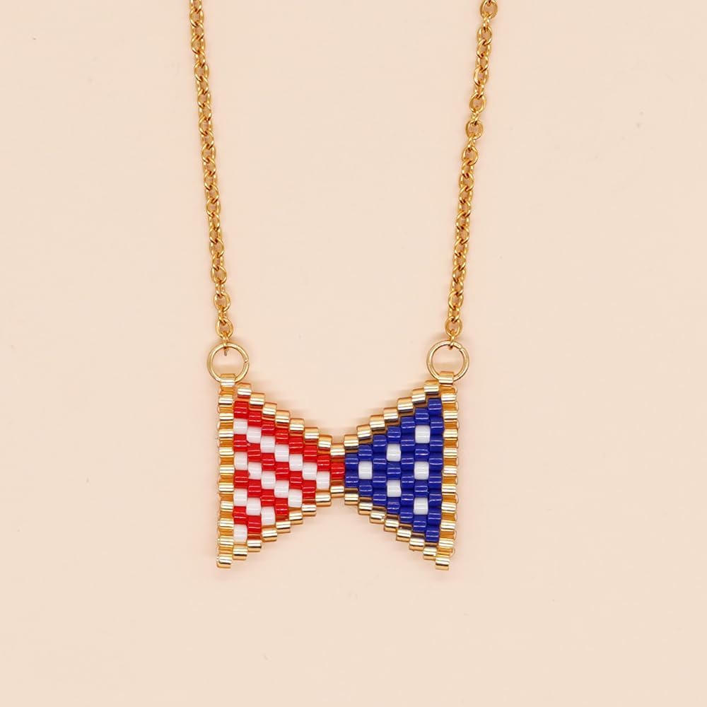 Patriotic Bow American Flag Pendant Necklace for Women,Red Blue White Flag Independence Memorial Day Fashion Jewelry Gift - Image 5