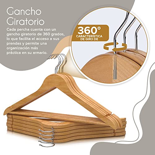 Miniatura 6 de PORTENTUM Perchas de Madera, Set de 10, Color Natural - Gancho Giratorio 360º, Muescas para Vestidos y Blusas, Barra Antideslizante para Pantalones, Aptas para Trajes, Camisas, Chaquetas