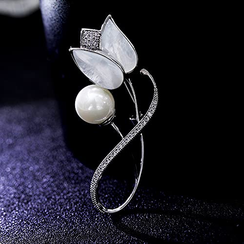 Image of 14K Gold Tulip Flower Brooch, Delicate Moissanite and Natural Freshwater Pearl Corsage,Perfect for Elegant Dressing
