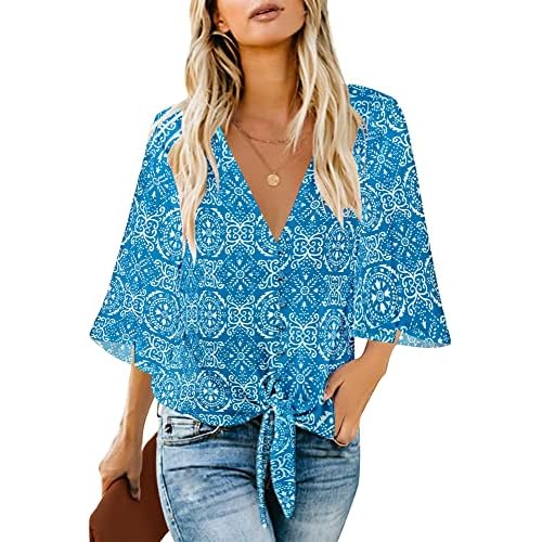 luvamia Women's Casual V Neck Tops 3/4 Sleeve Tie Knot Blouses Solid Button Down Shirts Small Blue