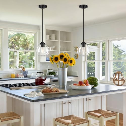 Image of MQMQA 2 Pack Globe Pendant Lights, Mid Century Matte Black Pendant Light Fixtures, Globe Pendant Lights Kitchen Island with Clear Glass Shade Hanging Fixture for Dining Room (Bulbs not Included)