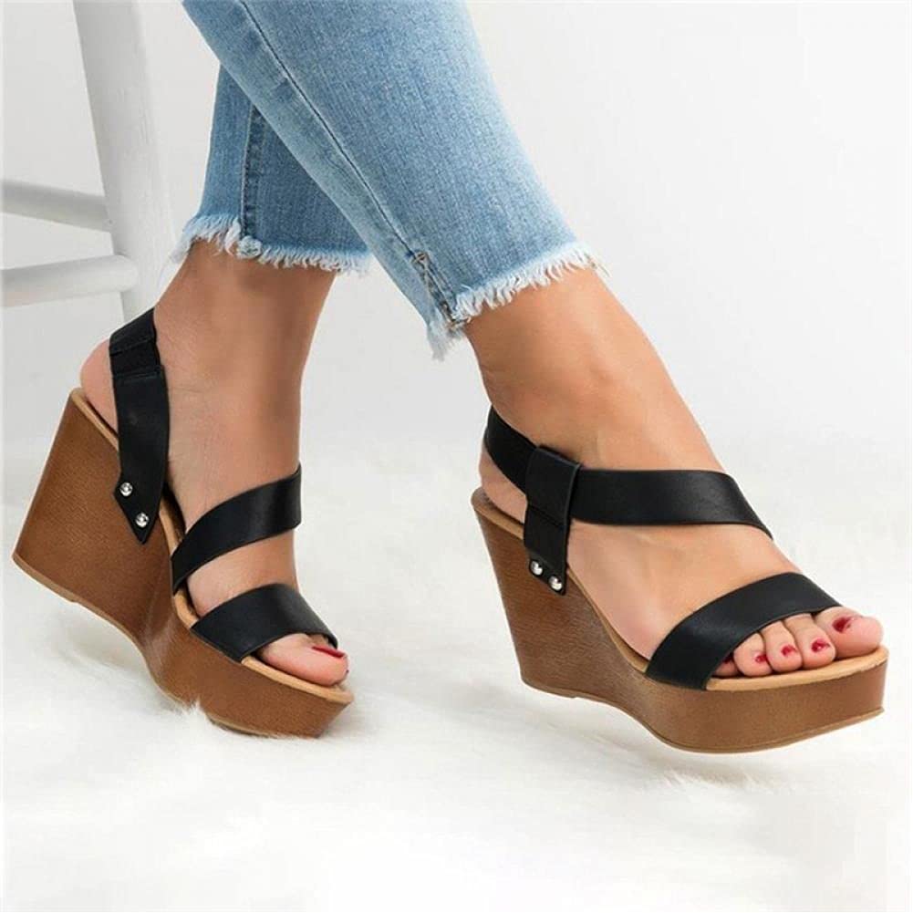 WEDFGXWEDFGX Women Sandals Wedge Platform Sandals Summer Slip On Ladies High Heels Shoes Fashion Open Toe Casual Female Footwear, Black