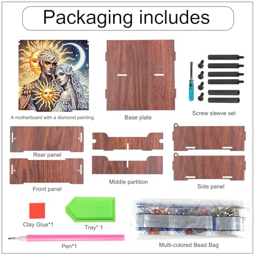 Image of DIY Diamond Art Storage Box, Sun & Moon Deity Design Wooden Diamond Painting Case with Flip-Top Lid and 4 Divided Compartments, Desktop Craft, Jewelry and Accessories Supplies Storage Container