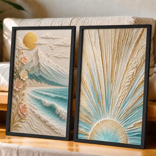 Image of NoWorries Coastal Sunrise Wall Painting Set of 2 with Frame | Textured Sunburst & Beach Landscape Artwork, Ocean Mountain Floral Nature Wall Decor for Living Room, Bedroom, Office and Home Decoration (Art-13, 17x25inch)