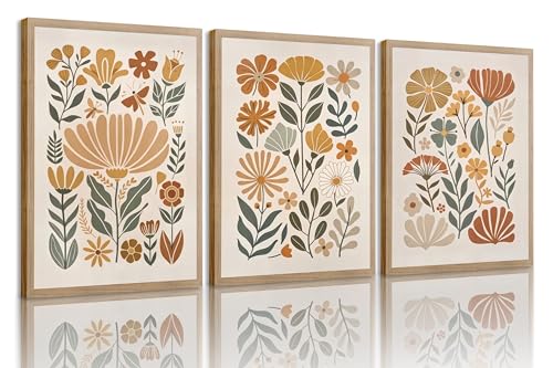 3Pcs Boho Abstract Floral Wall Art Minimalist WildFlower Wall Decor Pictures Modern Botanical Warm Earthy Tones Canvas Posters Prints for Living Room Bedroom Office Home Decoration 12x16in Unframed