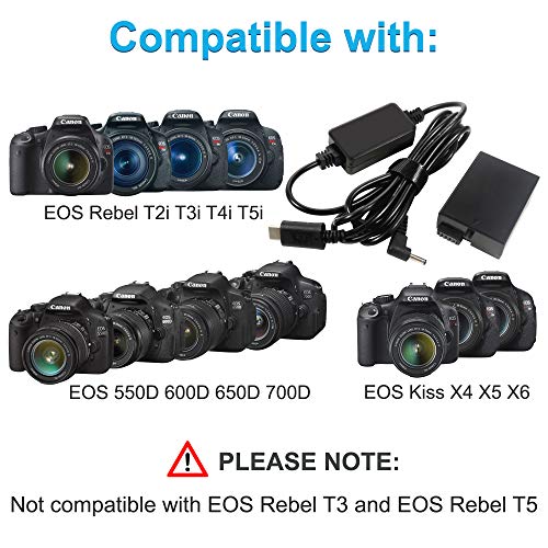 Hqrp Usb-C Dc Converter Compatible With Canon Ack-E8 Acke8 Eos Rebel T2I T3I T4I T5I Eos 550D 600D 650D 700D, Eos Kiss X4 X5 X6 Digital Slr Camera Ac Adapter Power Cable, Lp-E8 Battery Replacement #TOP6