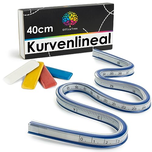 OfficeTree Flexibles Kurvenlineal 40 cm - 16 Zoll - Kurvenlineal Schneiderbedarf - Kurvenlineal Flexibel Nähen & Zeichnen mit perfektem Werkzeug - Flexibles Lineal inkl. 4x Kreide