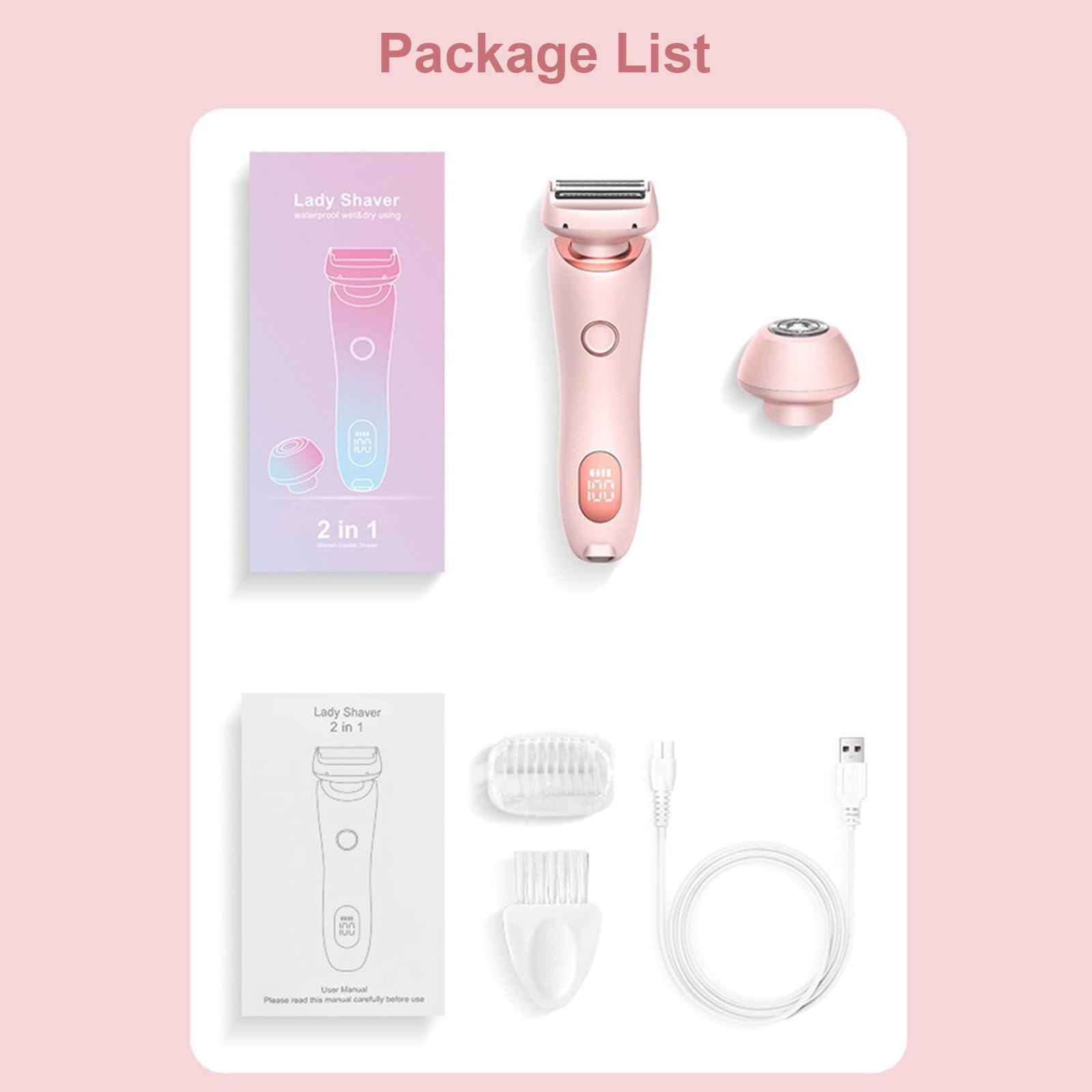 2 en 1 Rasuradora Mujera, Rasuradora Mujer Zona Intima, Uso en Seco y en Mojad, IPX7 Impermeable, Afeitadora Mujer para Cara, Brazos, Axilas, Partes Íntimas, Piernas (Rose)