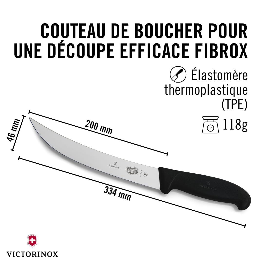 Victorinox Fibrox Couteau de boucher, Couteau long pour couper de gros morceaux de viande, 20 cm, Lame incurvée, Tranchant, Inox, Noir
