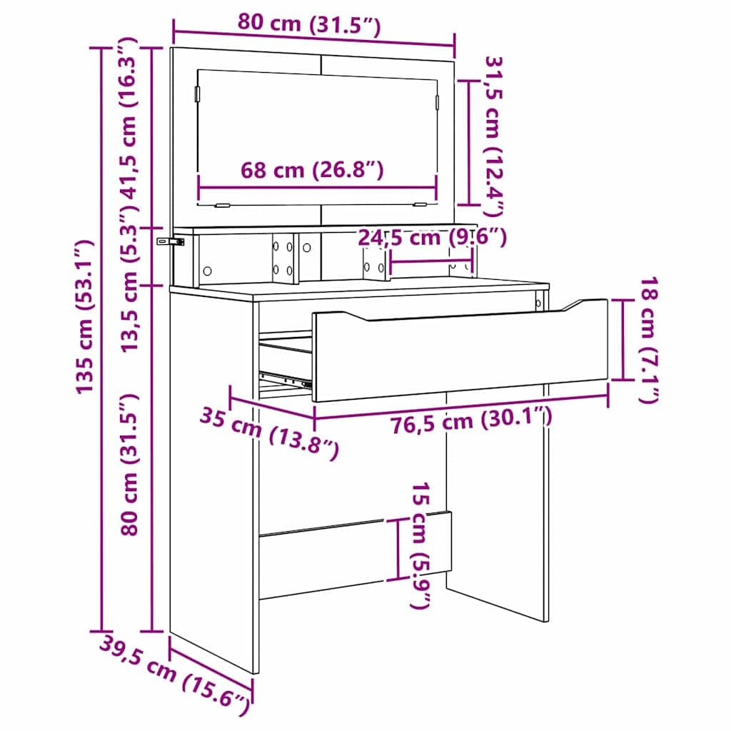 Tavolo da trucco in legno ingegnerizzato rovere artigianale con specchio piano e cassetto silenzioso, mobiletto consolle per camera da letto, postazione make up salvaspazio funzionale
