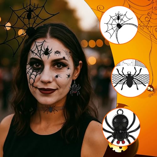 BaiDekun Spinnenkostüm Damen Set inklusive Spinnenweben-Strumpfhosen, Spinnennetz-Zubehör-Set, Spinnen-Gesichtstattoos, Spinnen-Halsbändern, Fledermaus-Kostüm Damen, Karneval