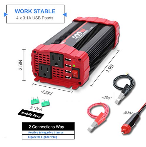 BYGD 500W Car Power Inverter DC 12V to 110V AC Converter Dual Outlets with 3.1A 4 USB Ports Car Charger Adapter