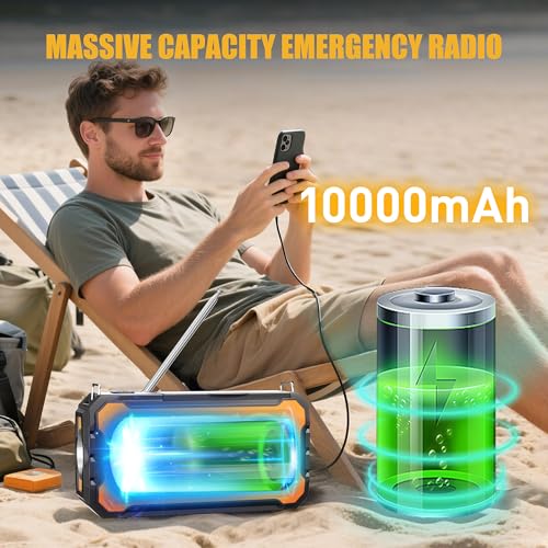 Hand Crank Emergency Radio, 10000mAh Weather Radio with AM/FM/NOAA, Solar Prower, SOS Alarm, Phone Charging, LED Flashlight, Portable Survival Gear for Outdoor & Home Emergencies Kits, Orange - Image 6