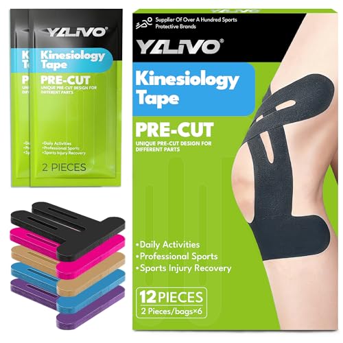 Precut Kinesiology Tape for Knees, 12 Pcs Individual Packeaged - Knee Support & Stability, Pain Relief Athletic Tape - Waterproof & Elastic, Breathable Hypoallergenic Latex-Free Tape (Black)