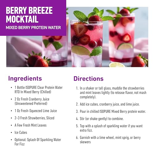 Image of Isopure Clear Protein Water with Electrolytes, 15g Whey Protein Isolate, Zero Sugar, Mixed Berry, 20 fl oz Bottle, 1 Count