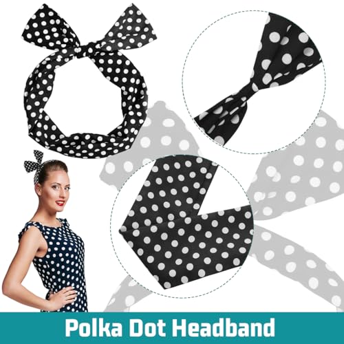 50's Costume Accessories Set, 7pcs Negro Vintage Accesorios de Disfraz Mujer Años 50, 1950s Rockabilly Diadema de Lunares Bandana Bufanda Pendientes Gafas para Halloween Carnival Fiesta de Cumpleaños - imagen 5
