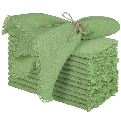 TURSTIN 12 Pieces Cotton Linen Cloth Napkin Handmade Cloth Napkin with Fringe 17 x 17 Inch Soft Dinner Wedding Napkins Square Rustic Fringe Table Napkins for Dinners, Parties, Weddings, Sage Green by TURSTIN - Used condition - US$16.18