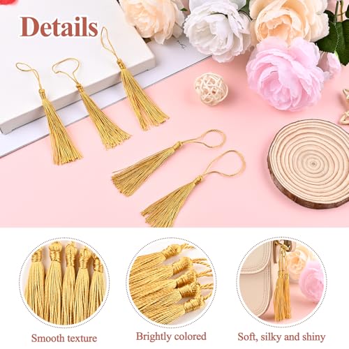 Image of NACHLYNN 120 Pcs Bookmark Tassels Bulk 13cm /5 Inch Silky Handmade Soft Craft Mini Tassels for Jewelry Keychain Making with Loops for Dress Decoration DIY Craft Accessory (Gold)