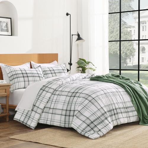 Image of Andency Green White Plaid Comforter Set Full(79x90Inch), 3 Pieces Preppy Grid Gingham Stripes Bedding Comforter Sets for Boys Girls Kids Teens, Green Line Soft Lightweight Geometric Reversible Bed Set