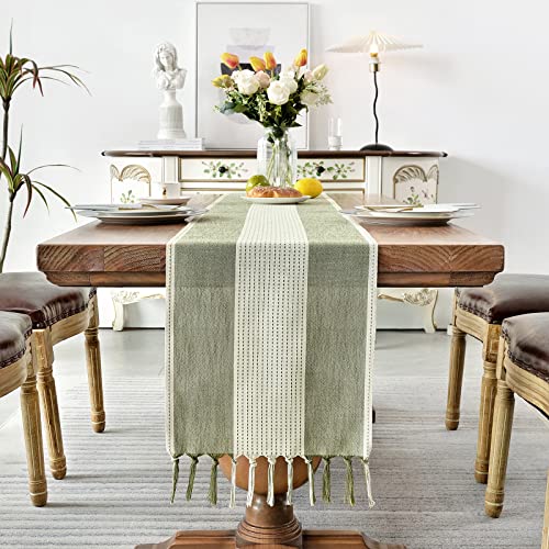 Wracra Runner da Tavolo macramè in Lino e Cotone, Runner da Tavolo 180cm di Lunghezza con Nappe a Mano, Runner da tavola in Stile Rustico per Feste e Uso Quotidiano (Verde Salvia, 180cm) - immagine 5