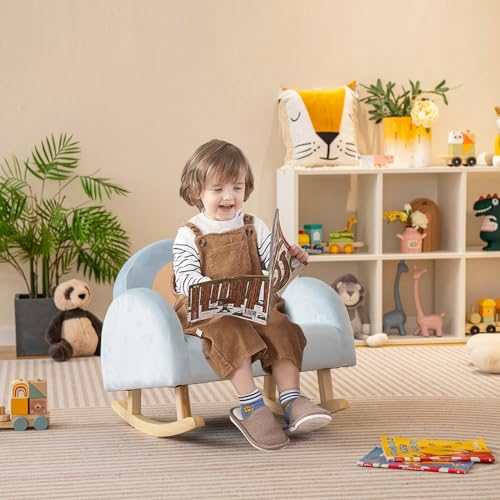 Miniatura 8 de Costway Sillón Infantil Mecedora, Sofá Tapizado Para Niños Con Estructura De Madera De Caucho Macizo Y Funda De Terciopelo Suave Para Guardería, Sala De Juegos, Dormitorio