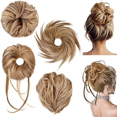 HOOJIH Messy Bun Hair Pieces, 4 Pieces Messy Bun Straight Bun Hair Pieces for Women Wavy Tousled Updo Short Ponytail Hair Extensions Large Bun with Elastic Band - Light Brown with blonde highlights