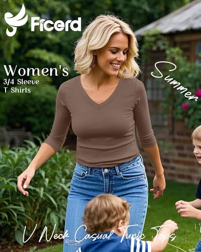 Ficerd 4 Pack Women's 3/4 Sleeve T Shirts, V Neck Casual Tunic Tops Loose Fit Cotton Shirts Solid Color Summer Tees2