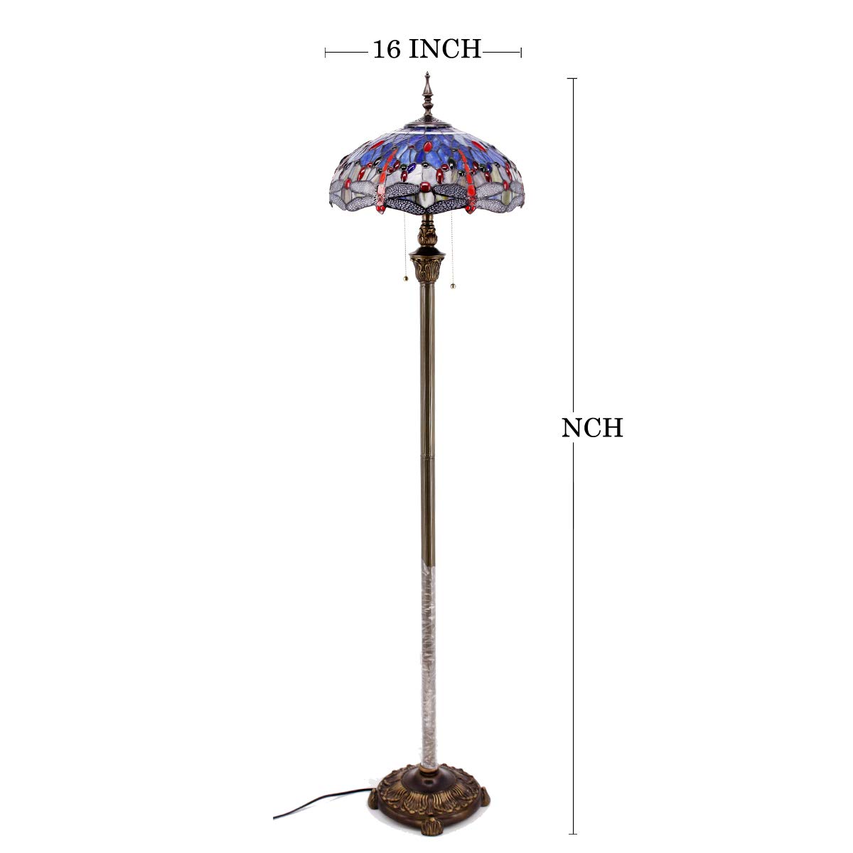 WERFACTORY Tiffany Floor Lamp Dragonfly Blue Brown Stained Glass Standing Reading Light 16X16X64 Inches Antique Pole Corner Lamp — view 6