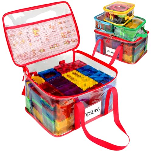 Tesuko 4 Pack Magnetic Tiles Storage Bag with Manual Pocket& Name Tag, Whole Clear PVC Magnetictiles Organizer Case for Magnetic Tiles, Building Blocks, Toy Cars, Board Game, Puzzle (Colorful)