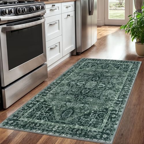 KOZYFLY Boho Area Rug 3x5 Ft Rugs for Entryway Washable Entry Rug Non Slip Door Mat Indoor Entrance Printed Faux Wool Throw Rugs for Entrance Kitchen Living Room, Dark Green by KOZYFLY - Used condition - Image 2