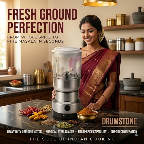 Image of Drumstone Big Electric Grinder for Kitchen | Heavy Duty Multipurpose Dry Grinder with Stainless Steel Blades & Powerful Motor | Spice, Masala, Coffee Bean & Grain Grinding Machine | Silver