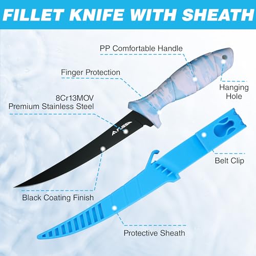 FLISSA Fillet Knife Set with 5"/6"/7"/9" Fillet Knives, Sharpener, Protective Sheath, Portable Roll Bag, Gifts for Fishermen, Saltwater & Freshwater Use by FLISSA - Image 3