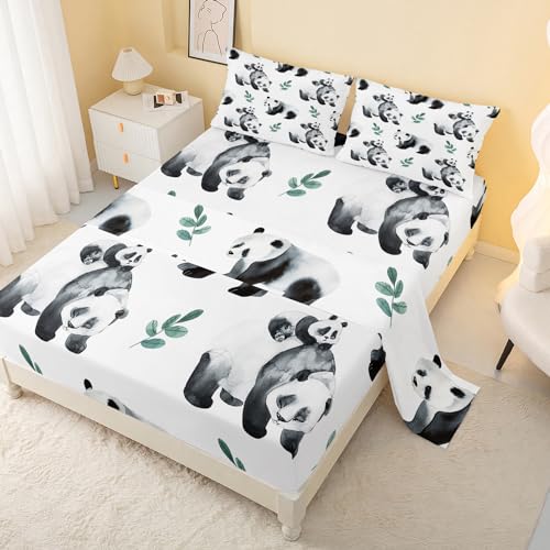 CVHOUSE Panda Fitted Sheet Twin Size - Bedding Set for Boys Girls, Cute Bed Sheet Set, 1 Flat Sheet & 1 Fitted Sheet With 2 Pillow Cases - 4 Piece