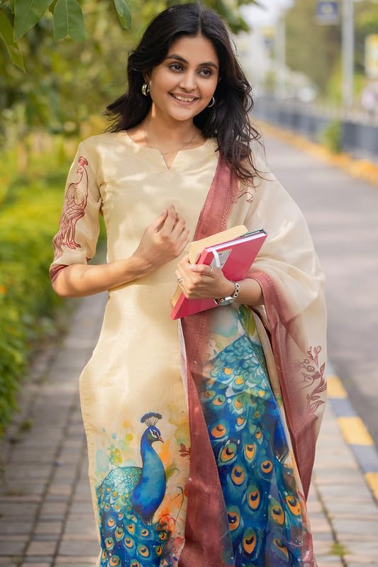 Image of Sun Fashion And Lifestyle Women's Simmer Silk Stitched Printed Kurta Dupatta (KD7 Yellow)