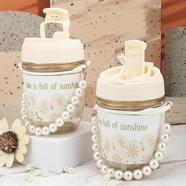 Image of Reusable Glass Coffee Sipper Mugs with Lid & Straw Pack of 1, 350ml Multipurpose Drinking Glasses Tumbler with Leather Sleeve Cup for Juice Smoothies Iced Tea Home & Travel (Moti Mug)