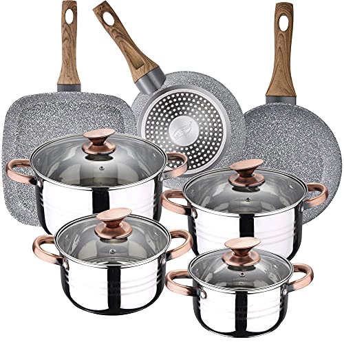 Bateria De Cocina 8 Piezas San Ignacio Premium Nona, Acero Inoxidable, Con Juego Sartenes (18/22 Cm) Y Grill 28X28 Cm Daimiel En Aluminio Forjado