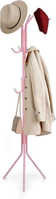 Youyijia Coat Rack Stand Cloak Rack Metal Hanger with 12 Hooks Clothes Rack 3 Tier Freestanding Storage Holder Hat Handbag Jacket Umbrella Hanging Organiser for Homes Office Entryway Hallway Pink