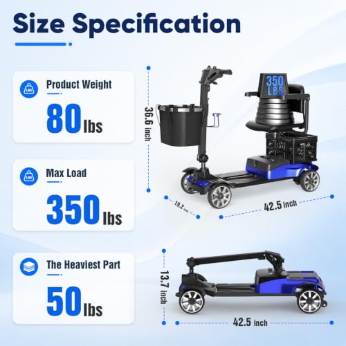 Image of 4 Wheels Motorized Scooter for Seniors& Rotating Seat & 15 Miles Range | 350LBS Capacity& 350W Powerful Moto& LED Light& Double Baskets& Auto Brake-Blue